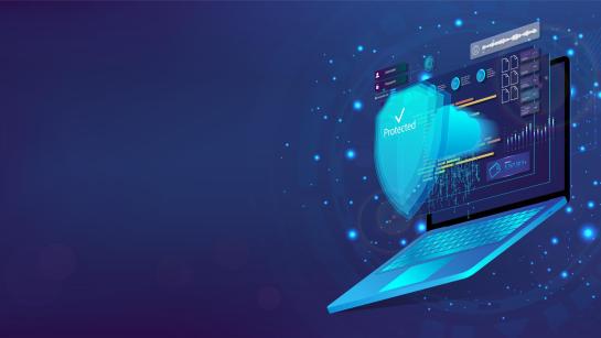 decorative. Digital illustration of a laptop with a glowing blue screen displaying cybersecurity elements. A large shield with a checkmark and the word 'Protected' appears in front of the screen, symbolizing security. Surrounding the shield are floating interface elements such as graphs, data charts, and icons, all set against a dark blue futuristic background with light particle effects