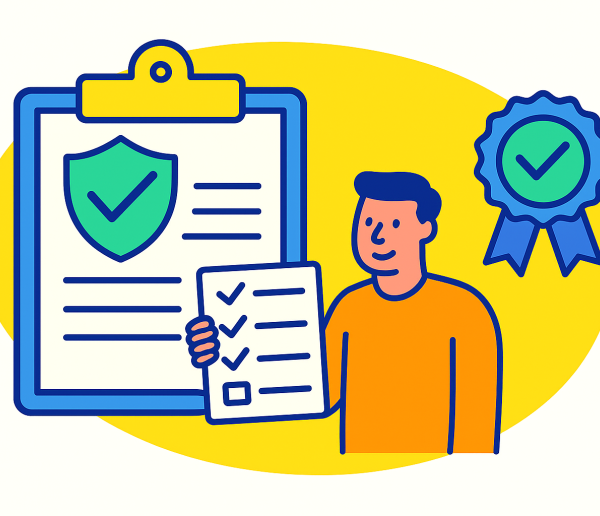 Illustration showing a person holding a checklist with three checked boxes. Behind the person is a large clipboard with a document featuring a green shield and checkmark symbol, representing security or compliance. On the right side, there is a blue ribbon badge with a green checkmark, symbolizing certification or approval. The background includes a yellow oval shape for emphasis.