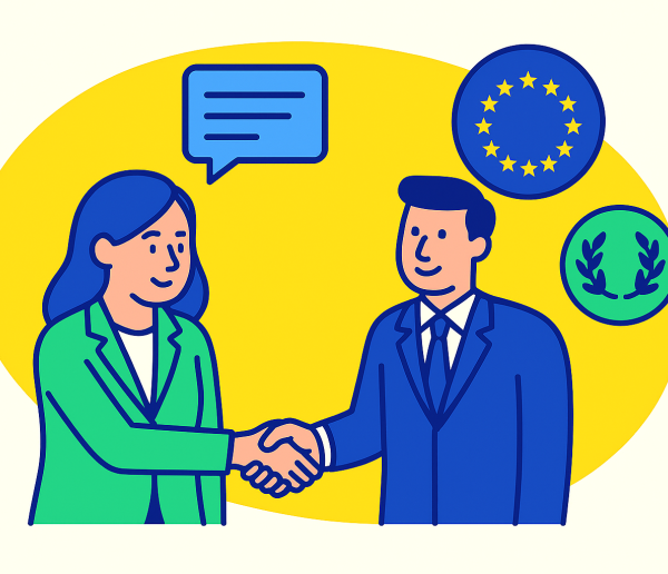 Illustration of two people shaking hands, symbolizing agreement or partnership. One person is wearing a green jacket, and the other is in a blue suit with a tie. Above them is a blue speech bubble with three horizontal lines, representing communication. On the right side, there are two circular icons: one with the European Union flag (blue circle with yellow stars) and another with a green laurel wreath, suggesting achievement or compliance. The background features a large yellow oval shape for emphasis.