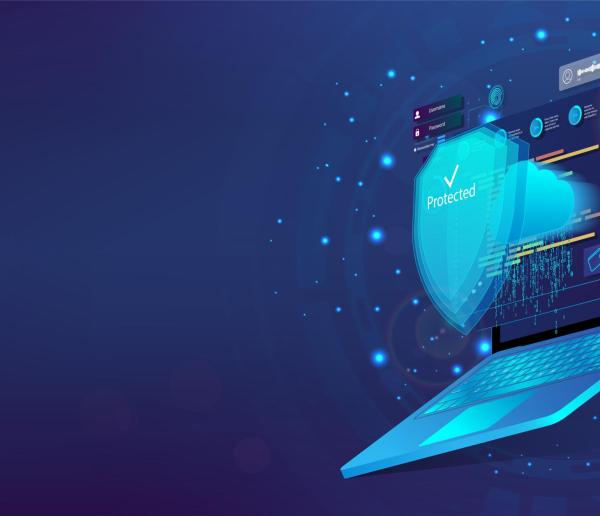 decorative. Digital illustration of a laptop with a glowing blue screen displaying cybersecurity elements. A large shield with a checkmark and the word 'Protected' appears in front of the screen, symbolizing security. Surrounding the shield are floating interface elements such as graphs, data charts, and icons, all set against a dark blue futuristic background with light particle effects
