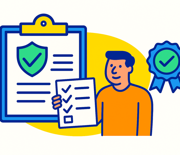 Illustration showing a person holding a checklist with three checked boxes. Behind the person is a large clipboard with a document featuring a green shield and checkmark symbol, representing security or compliance. On the right side, there is a blue ribbon badge with a green checkmark, symbolizing certification or approval. The background includes a yellow oval shape for emphasis.
